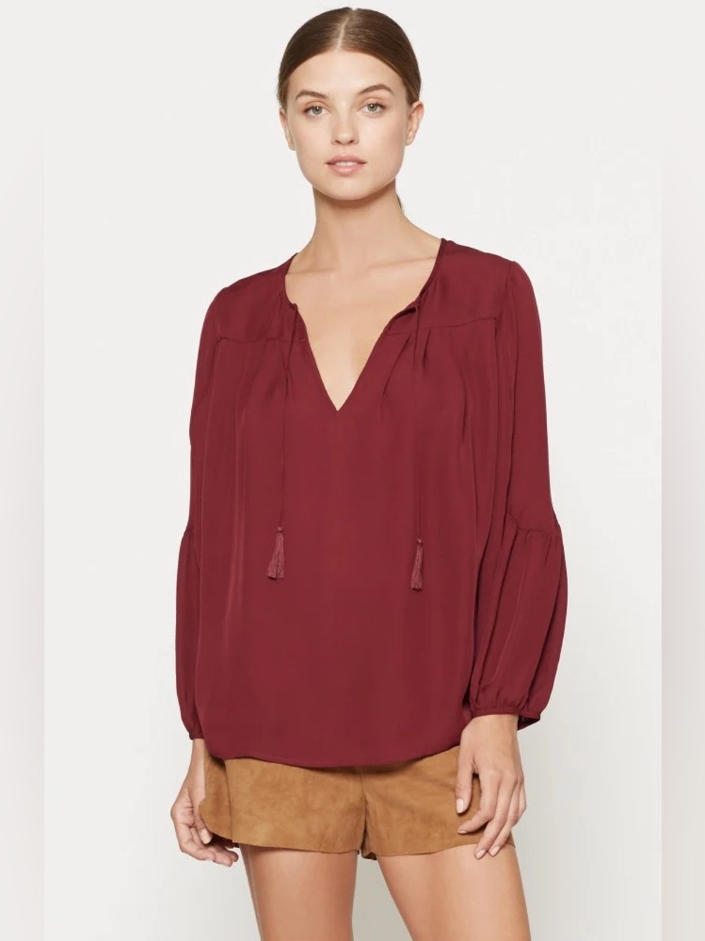 Joie 100%silk Ezbeth blouse size large tassel bubble sleeve